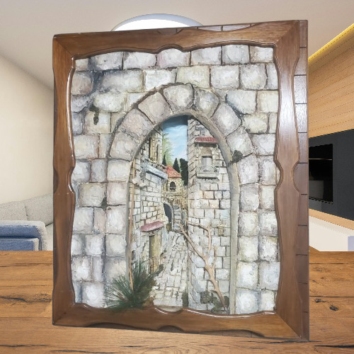 Nostalgia in 3D: Vintage Tzfat Street Scene Handcrafted Unique Artwork